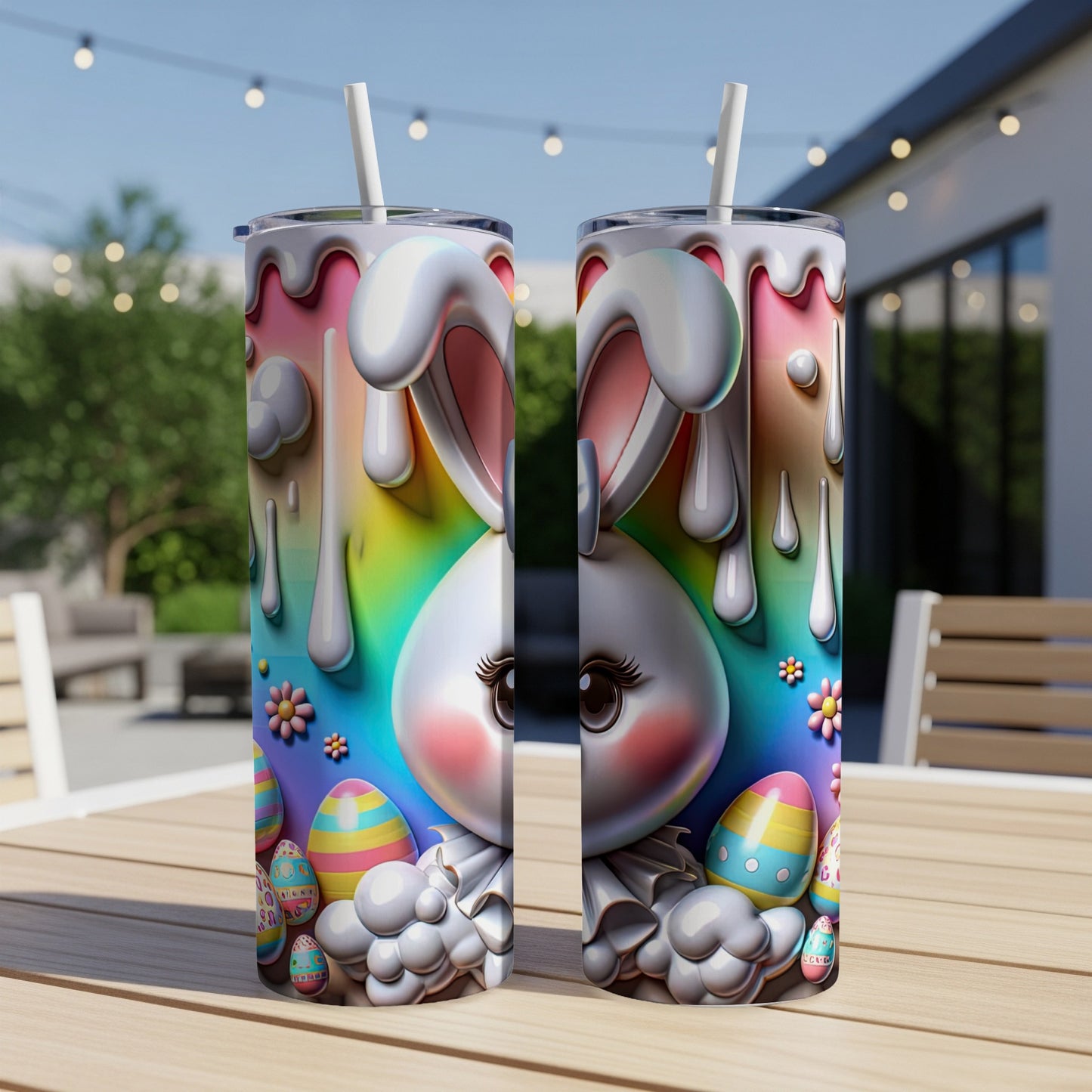 Easter bunny tumbler with colorful eggs and rainbow dripping paint.