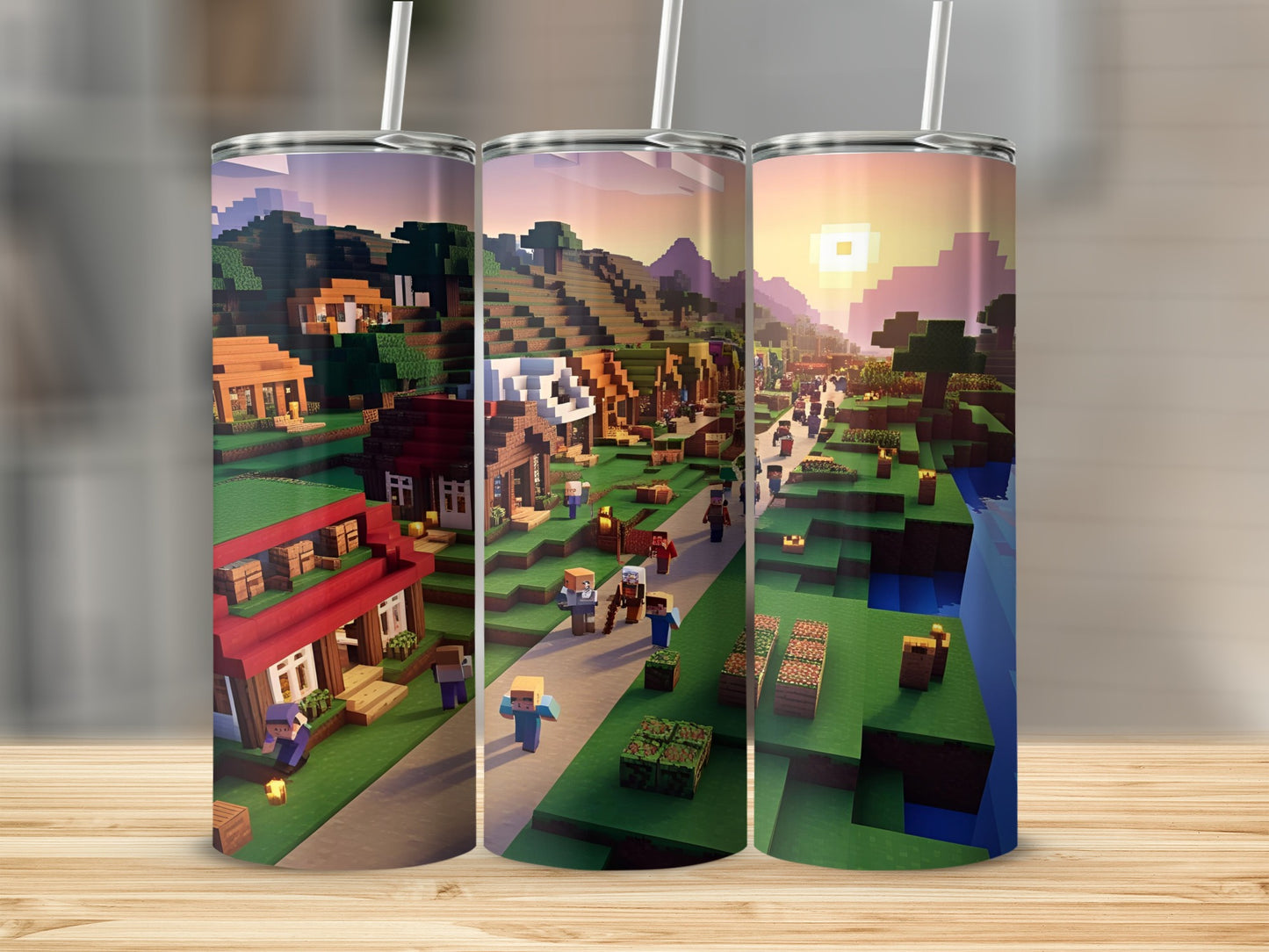 Minecraft village scene with characters and pixelated landscape.