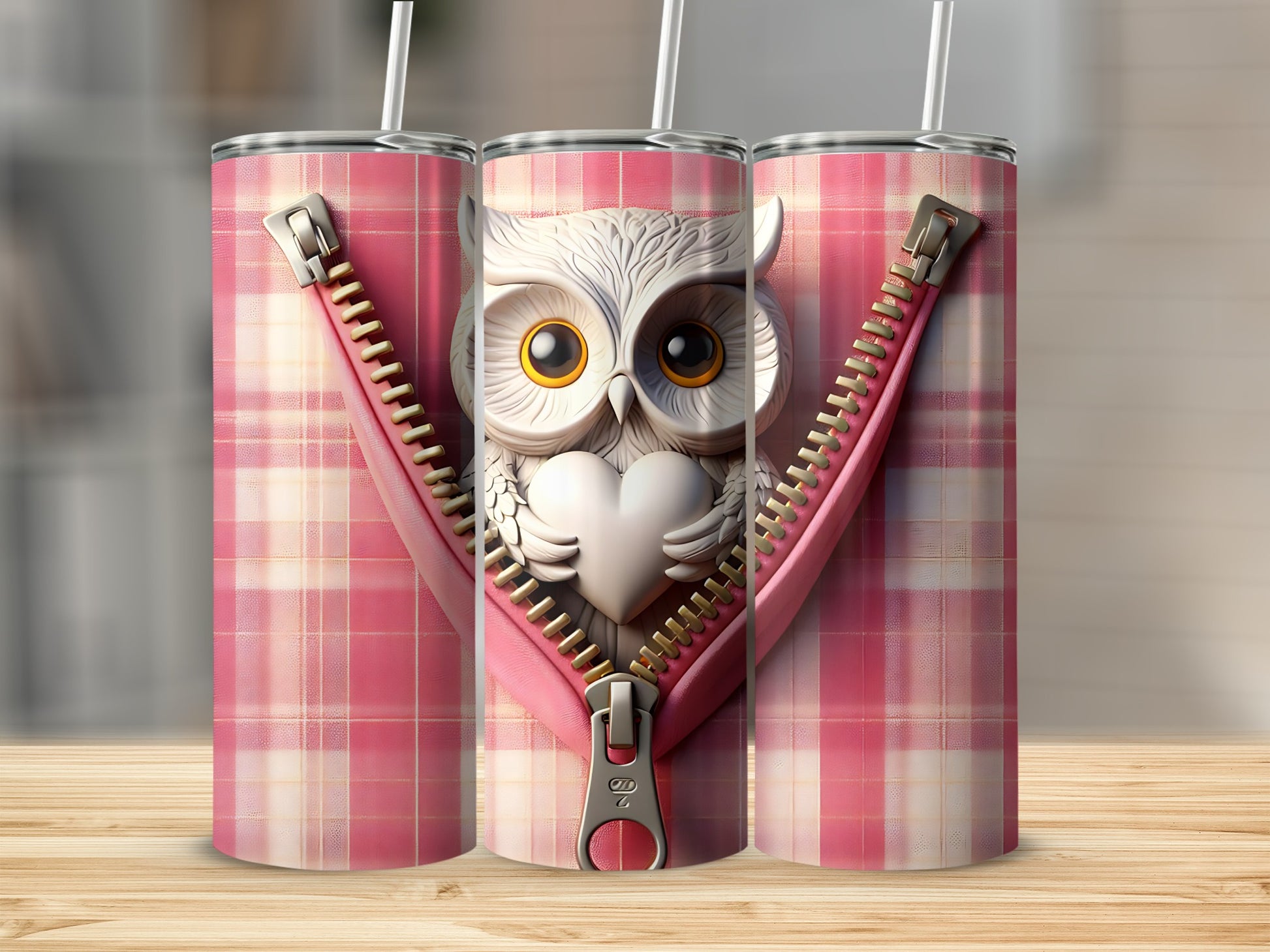 Tapered tumbler with a white owl holding a heart, partially revealed by a pink plaid zipper.