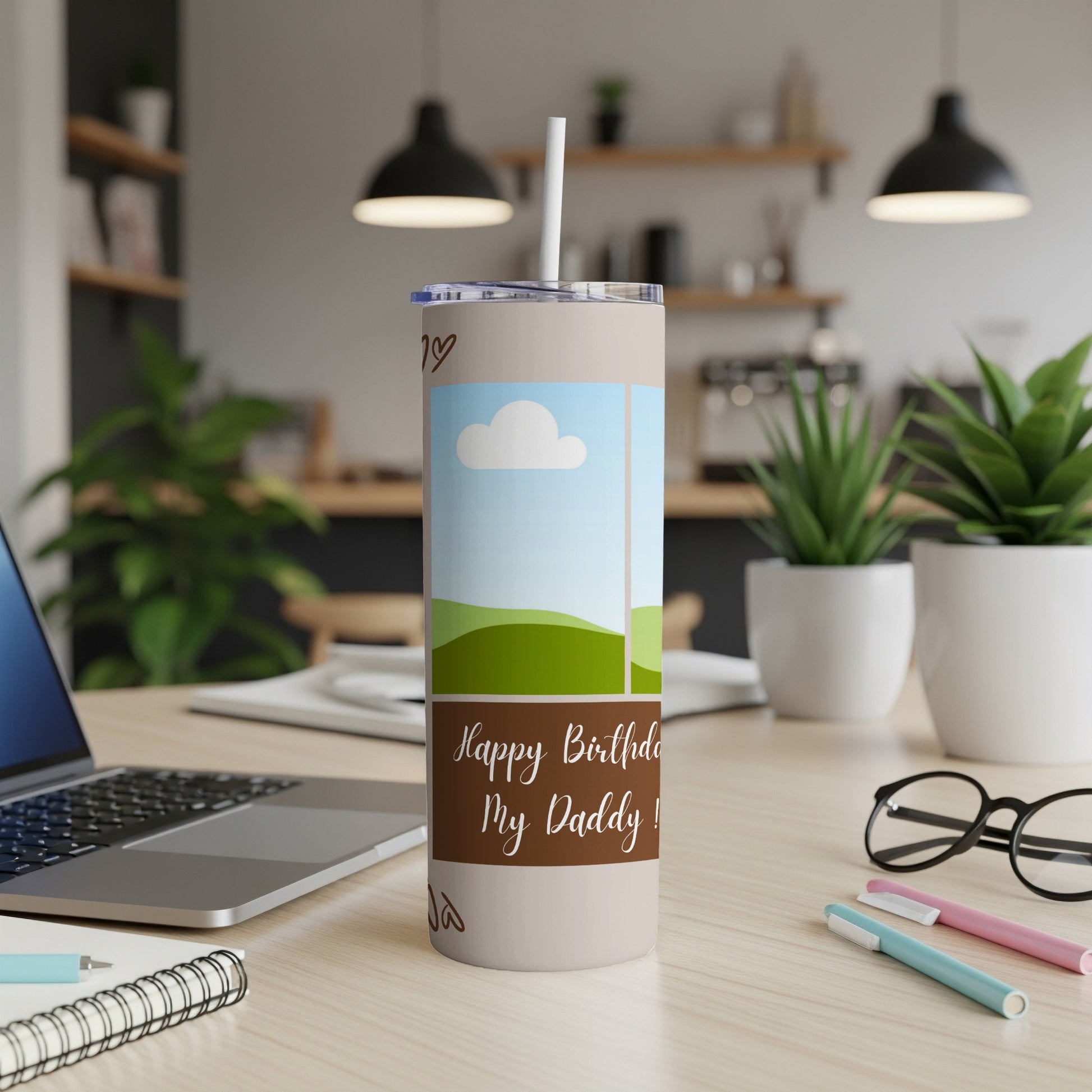 Tumbler with "Happy Birthday My Daddy!" text and a landscape illustration.