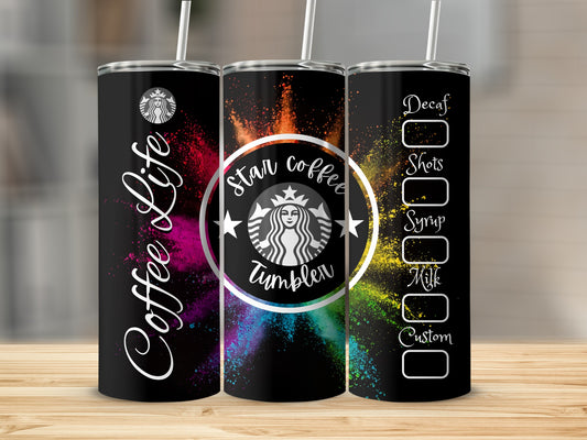 Star Coffee Tumbler with Colorful Splatter Design