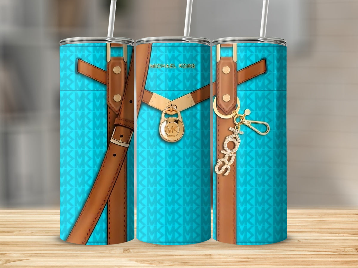 Turquoise tumblers with Michael Kors logo pattern and leather straps.