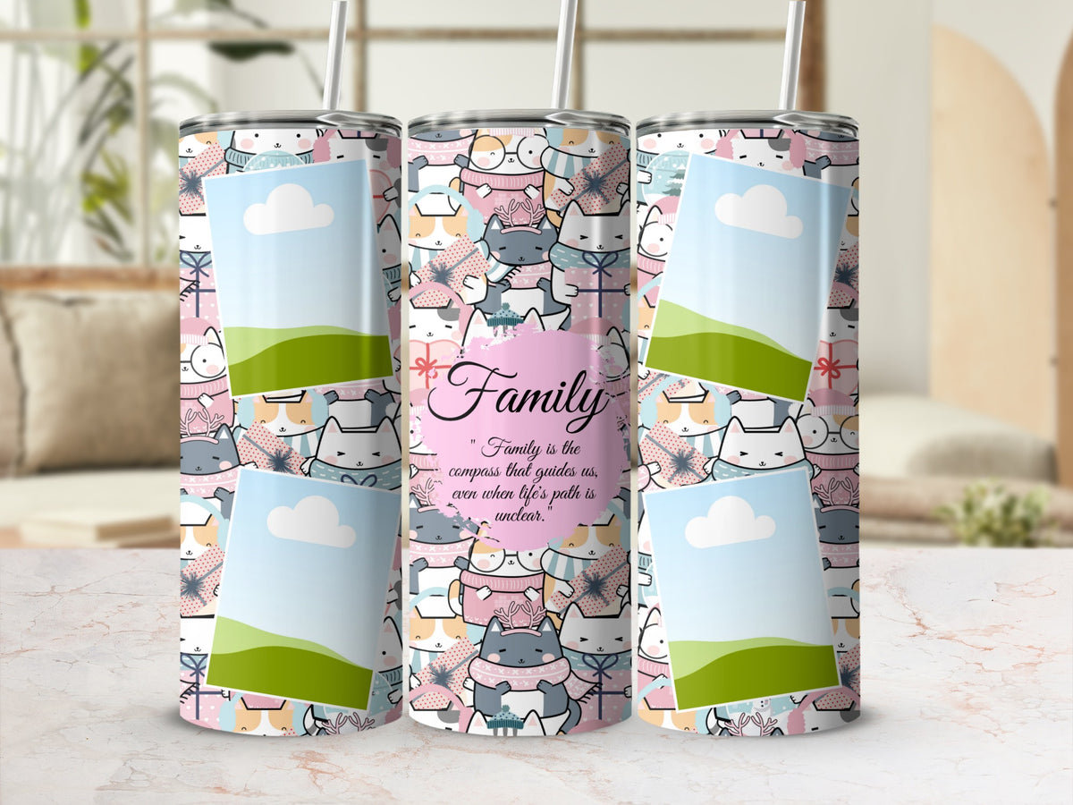 Tumbler with cartoon cats, presents, and the quote "Family is the compass."
