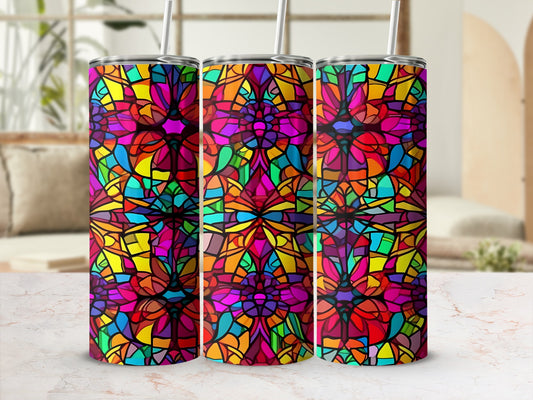 Three tumblers with stained glass mosaic patterns in vibrant, jewel-toned colors.