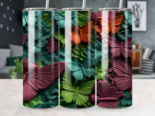 Three tumblers with a bold butterfly and floral embossed design.