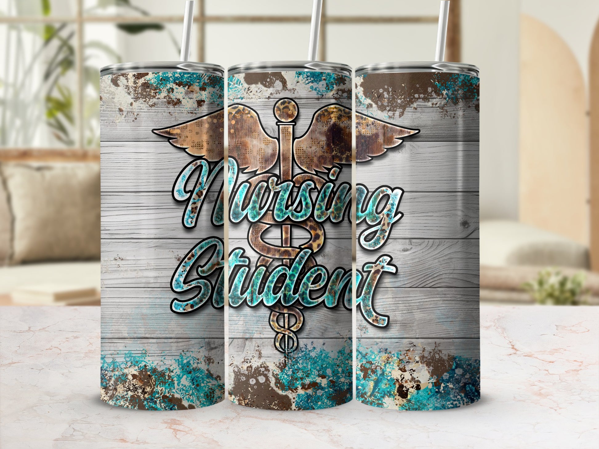 "Nursing Student" text on a distressed wood background with a caduceus symbol.