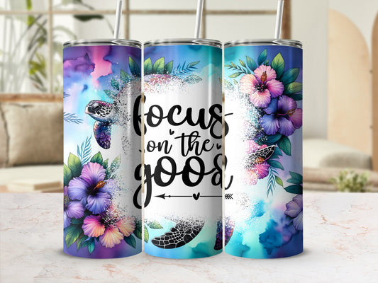 Turtles, flowers, and watercolor splashes on three tumblers with "Focus on the Good" text.