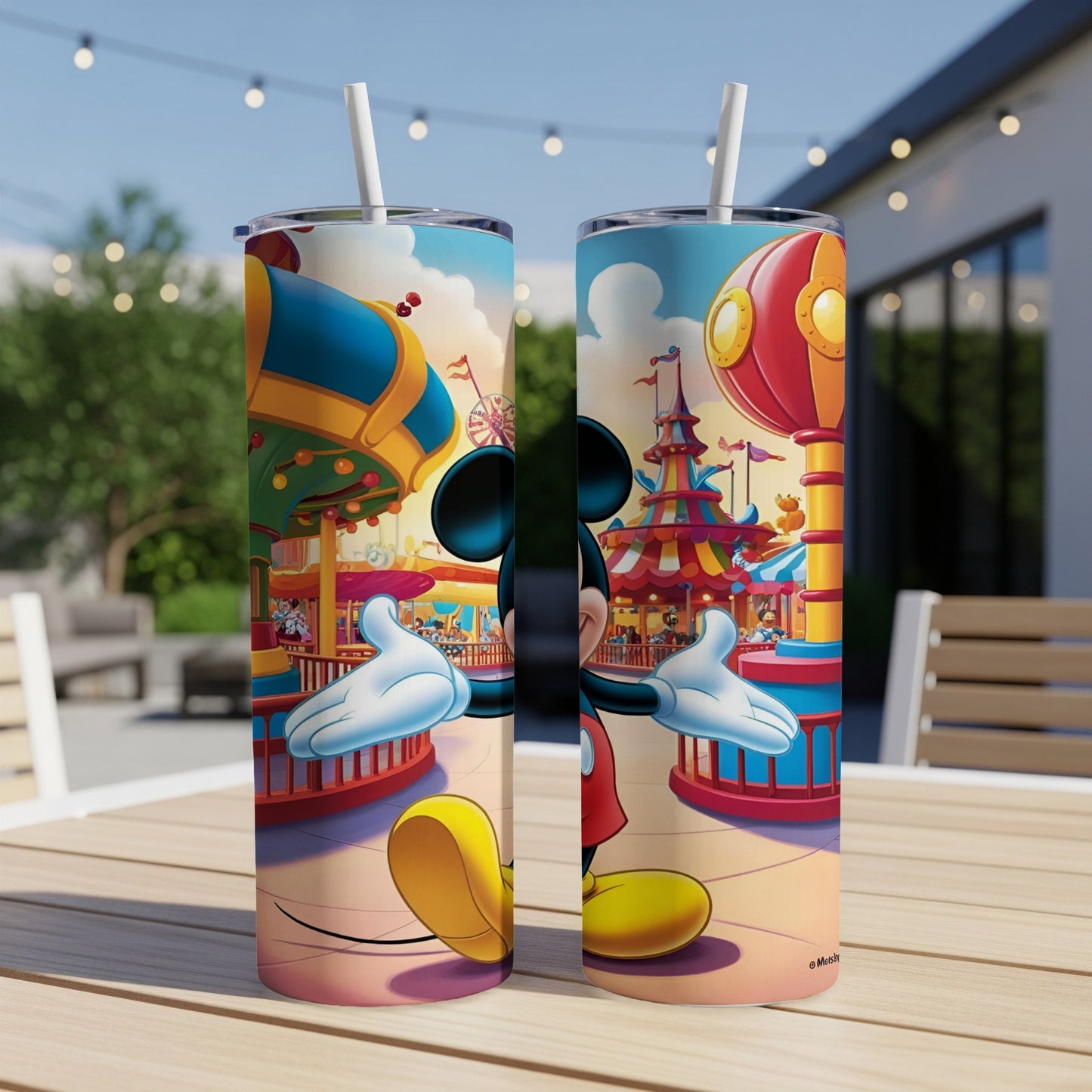 Mickey Mouse at amusement park on two tumblers, outdoor setting.