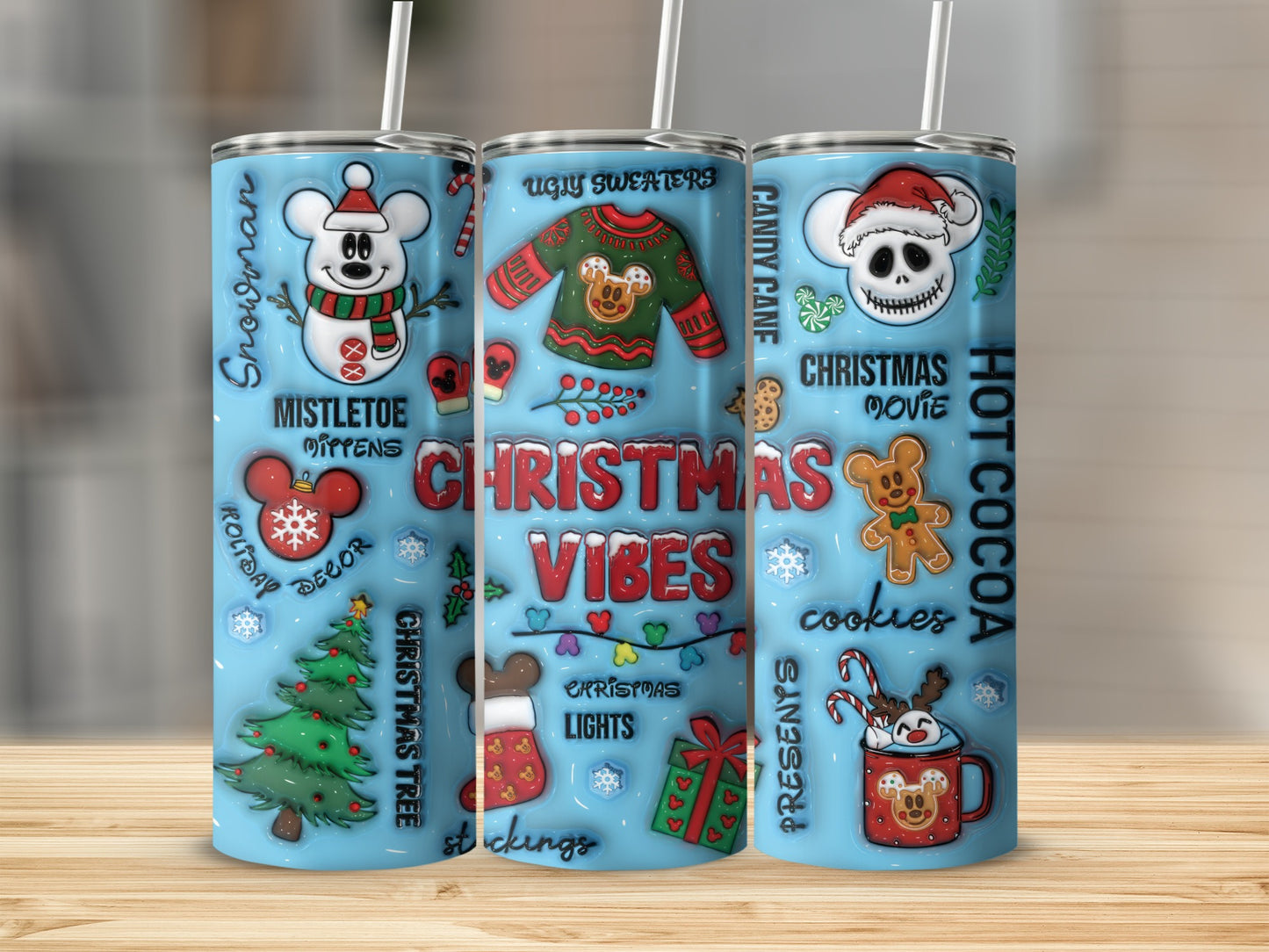 Blue Tumbler with Christmas Vibes Design by Hot Cocoa