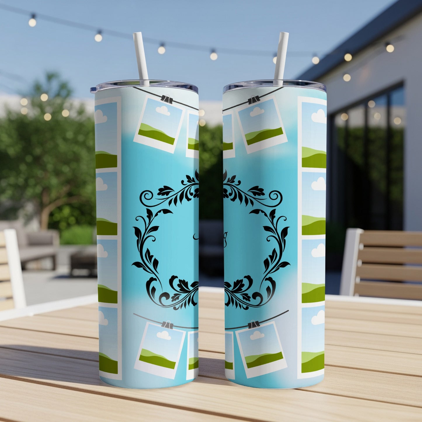 Two tumblers with a landscape photo collage and floral frame design.