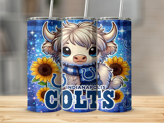 Cute cartoon bull with Colts logo and sunflowers on a blue plaid tumbler.
