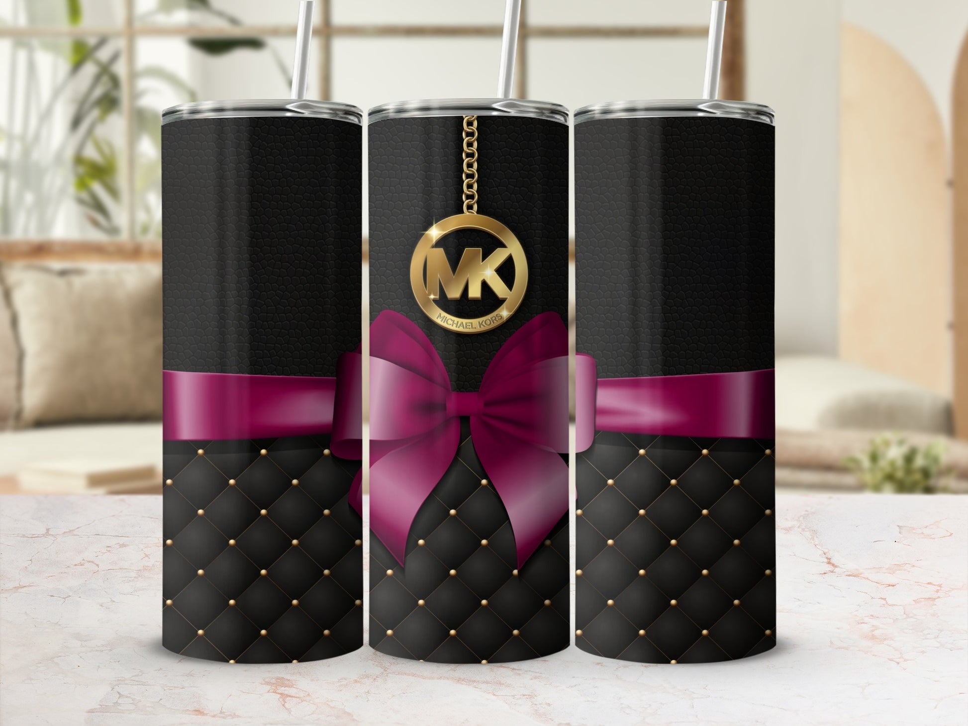 Elegant Black and Gold Tumbler with Pink Bow Design