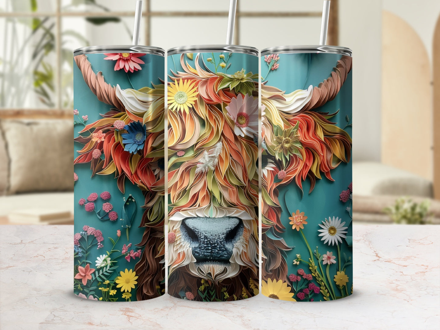 Highland cow with floral mane and teal background.
