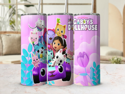 Gabby's Dollhouse tumbler with characters and pink floral accents.