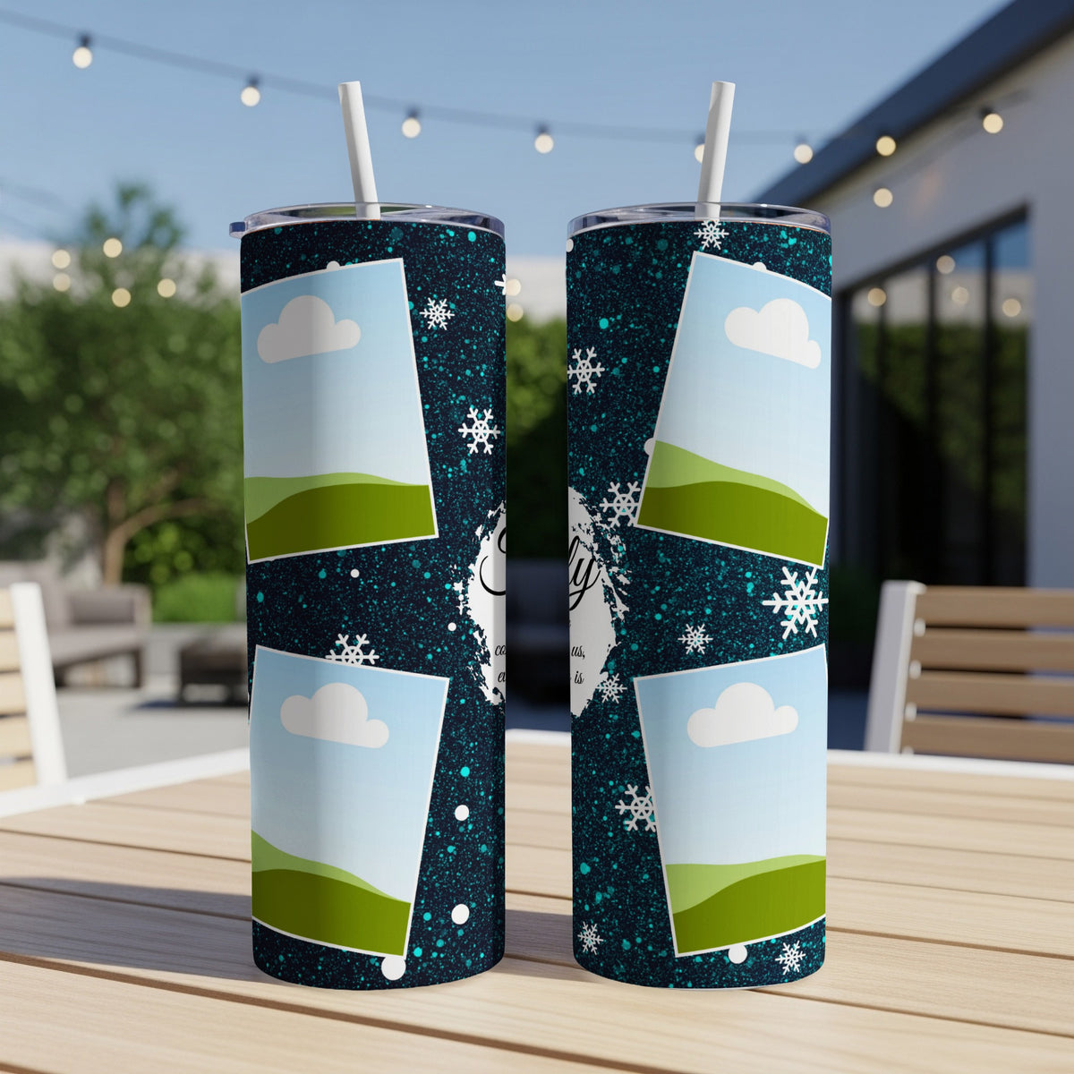 Two snow-themed tumblers with landscape photo frames and a scattered snowflake pattern.