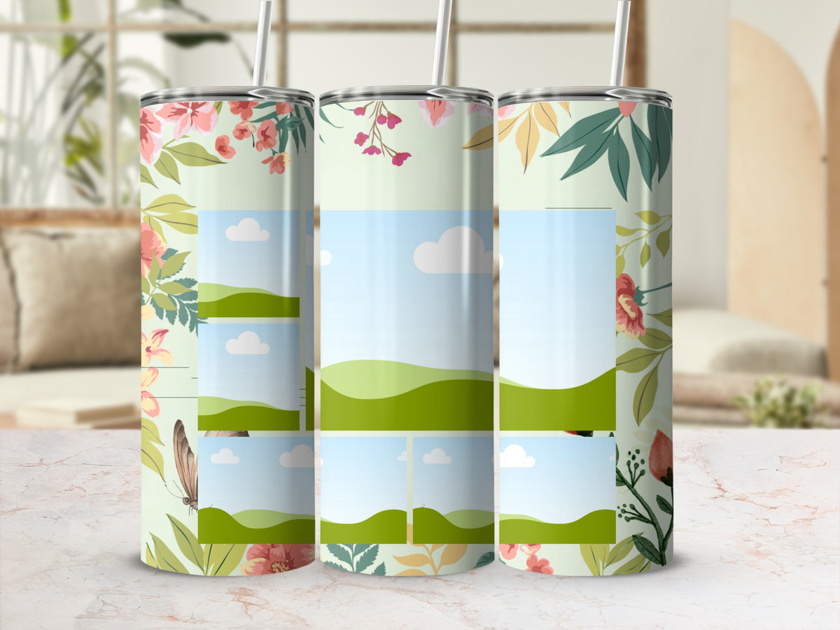 Three tumblers with a floral and leaf pattern, featuring photo placeholders.