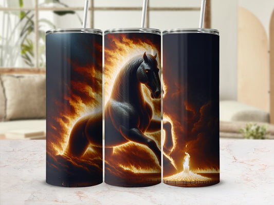 Black horse silhouette amidst roaring flames and smoke.