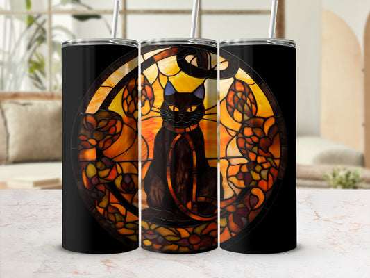 Black cat with stained glass design on a black tumbler.