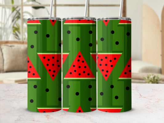 Three tumblers with a green watermelon slice and black dot pattern.