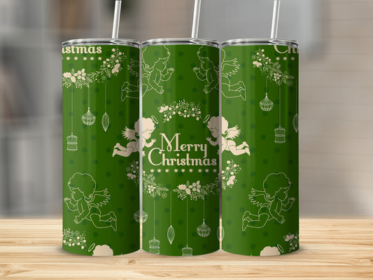 Three green tumblers with white Christmas angel and ornament pattern.