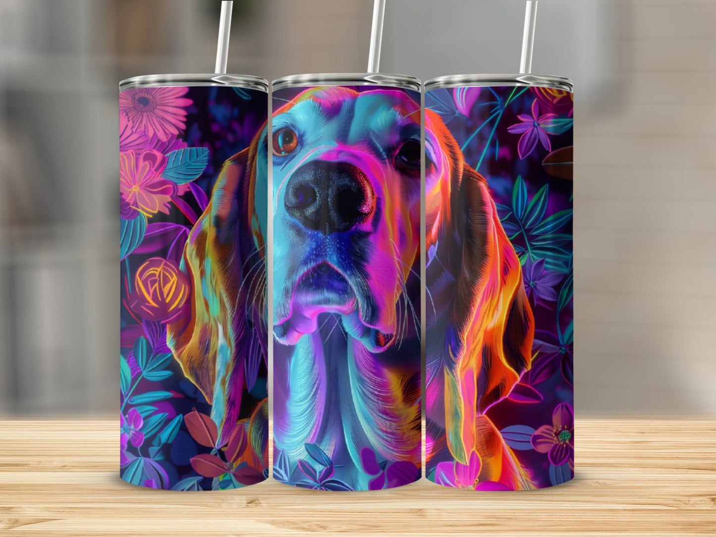 Three tumblers with a colorful, neon dog portrait and floral accents.