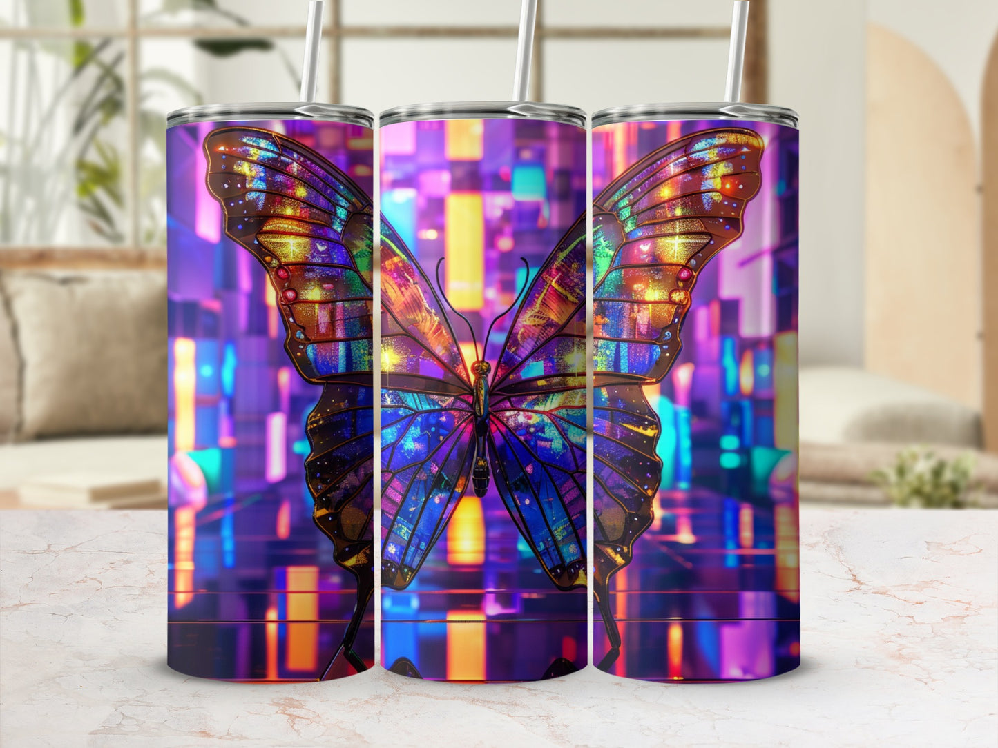Colorful butterfly tumbler with abstract purple and blue background.