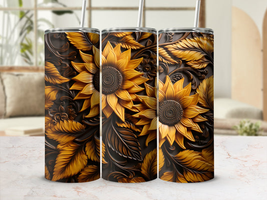 Three brown tumblers with embossed sunflower and leaf designs.