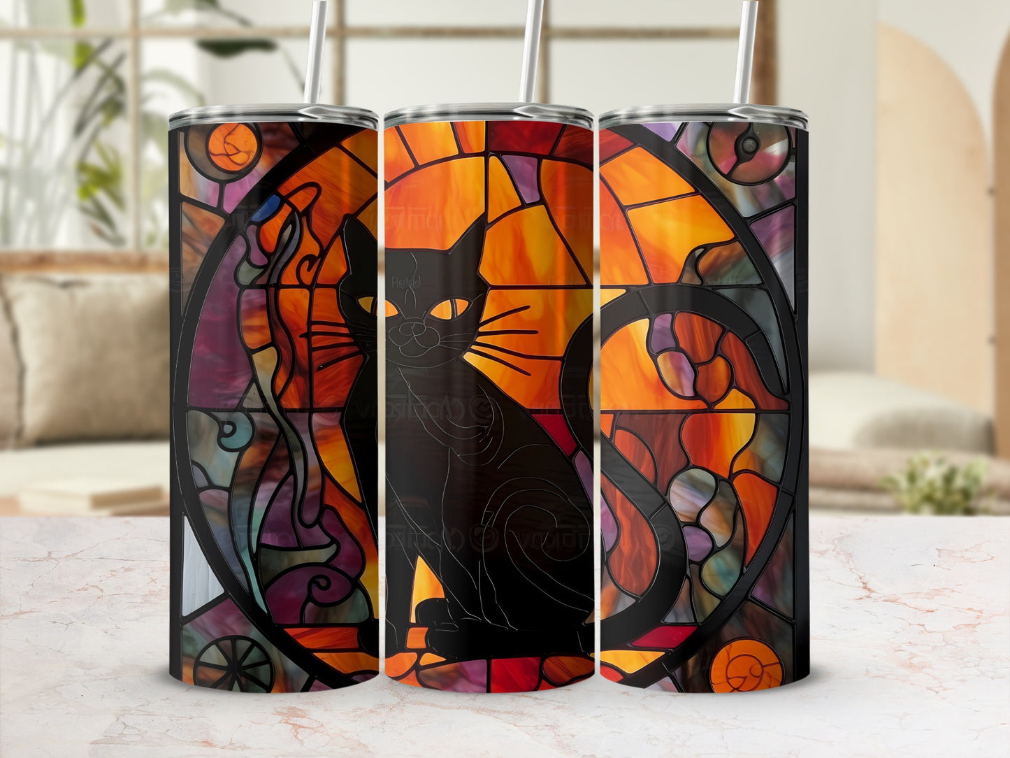 Black cat against stained glass sunset on a tumbler.
