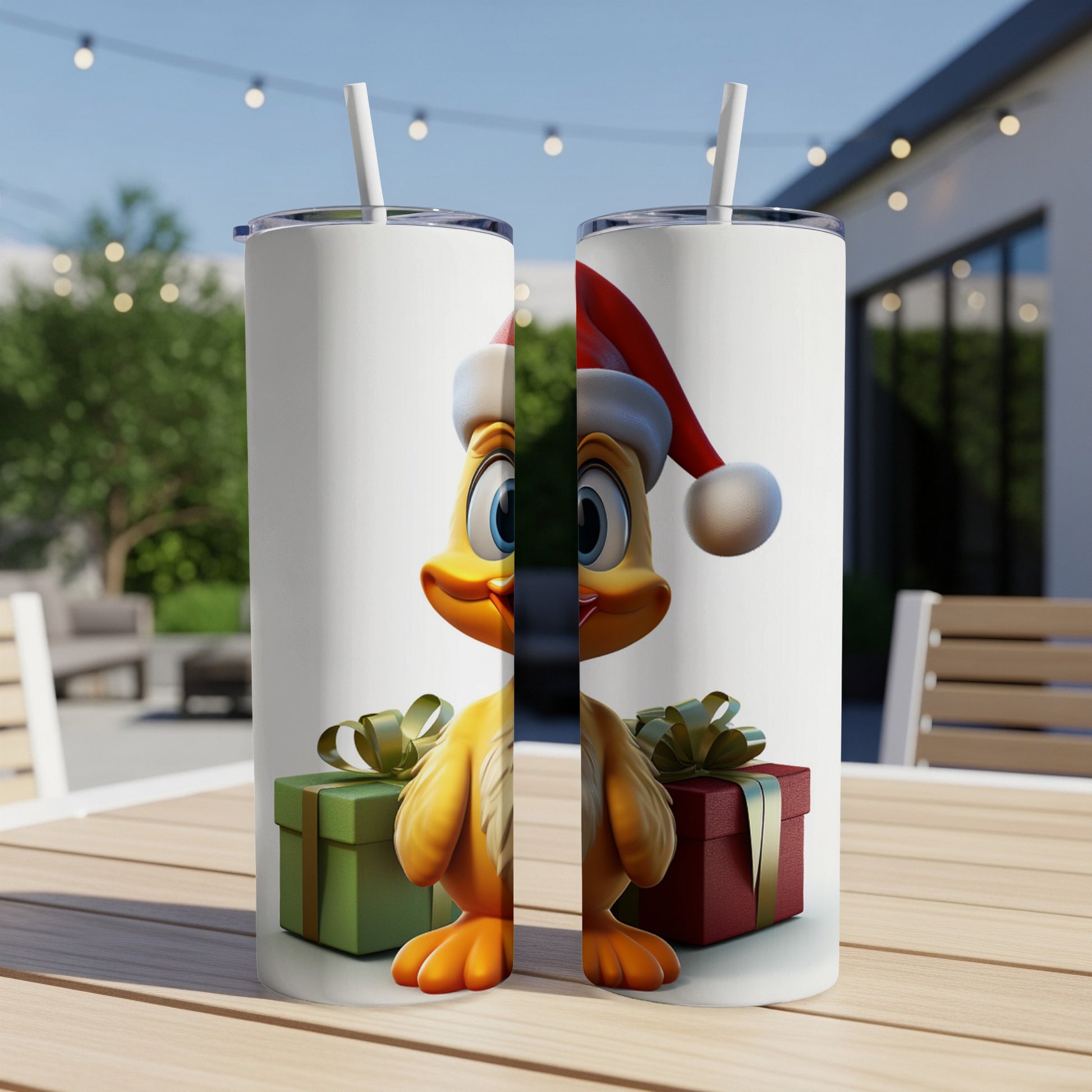 Cartoon duck wearing Santa hat holding presents on white tumblers.