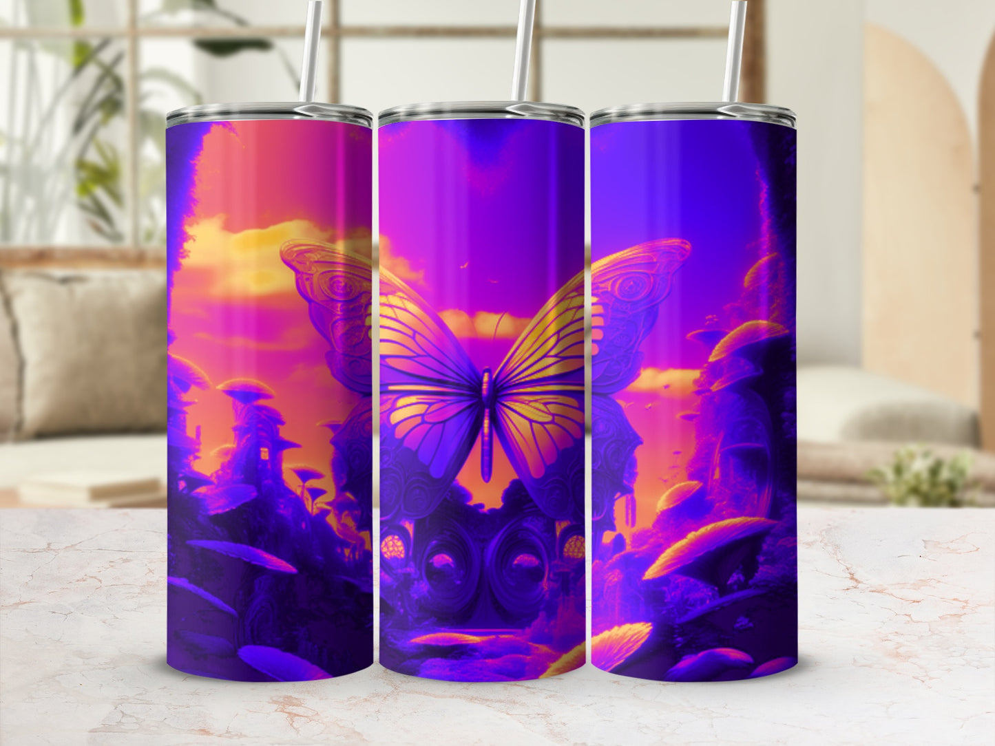 Purple butterfly and fantastical landscape on three tumblers.