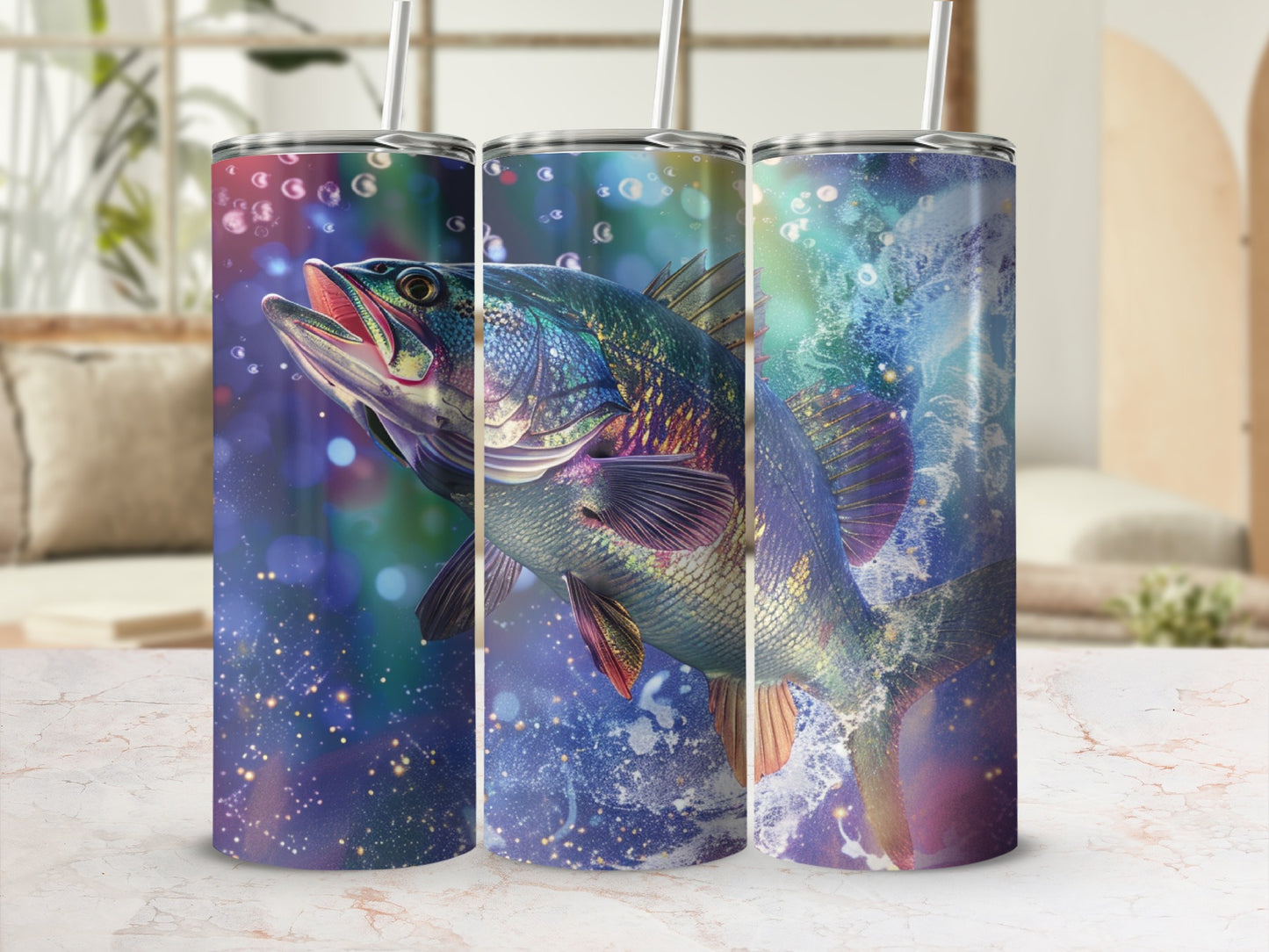 Artwork of a leaping fish with bubbles and colorful splashes.
