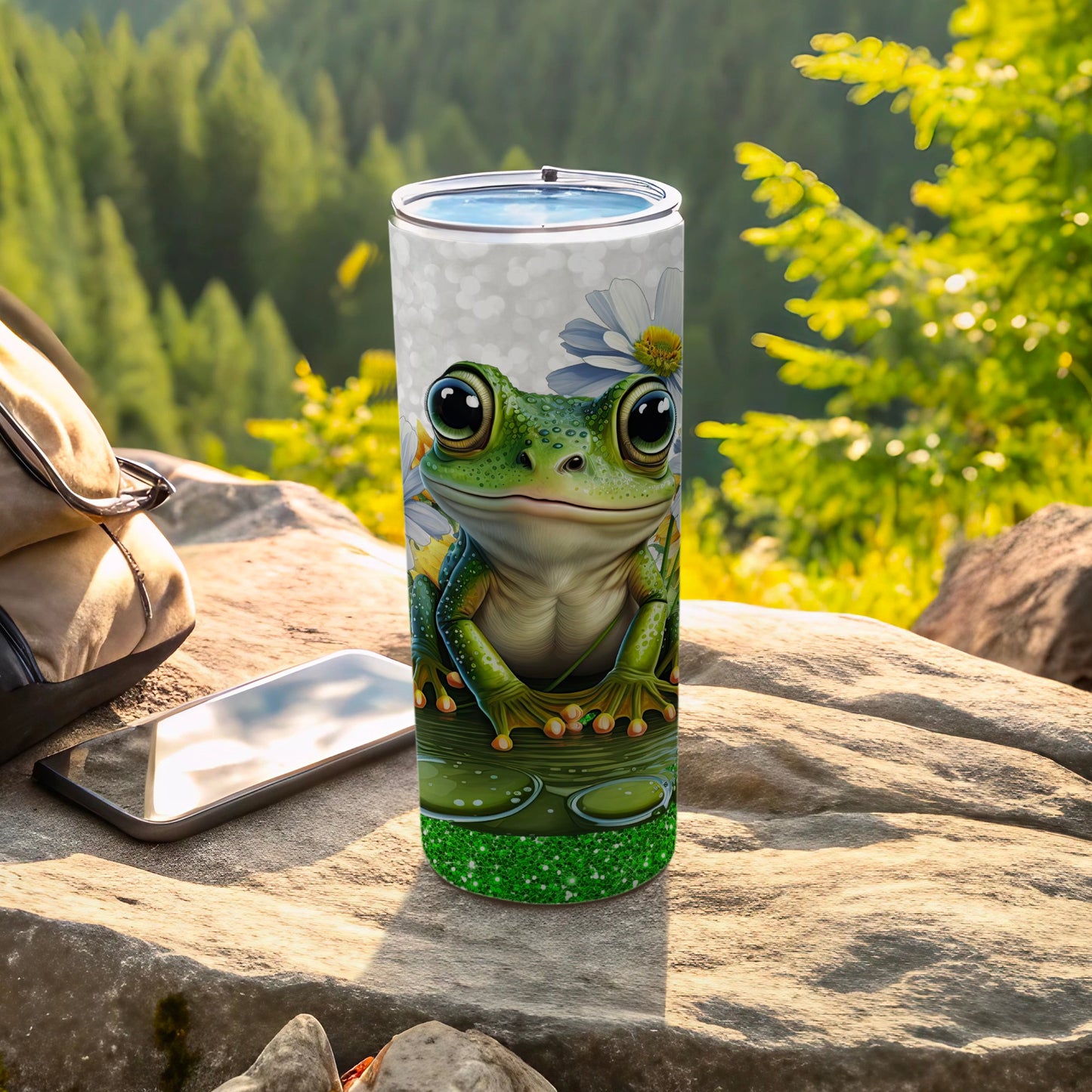 Green Big Eyed Frog Lily Pad Daisy Glitter Tumbler product type