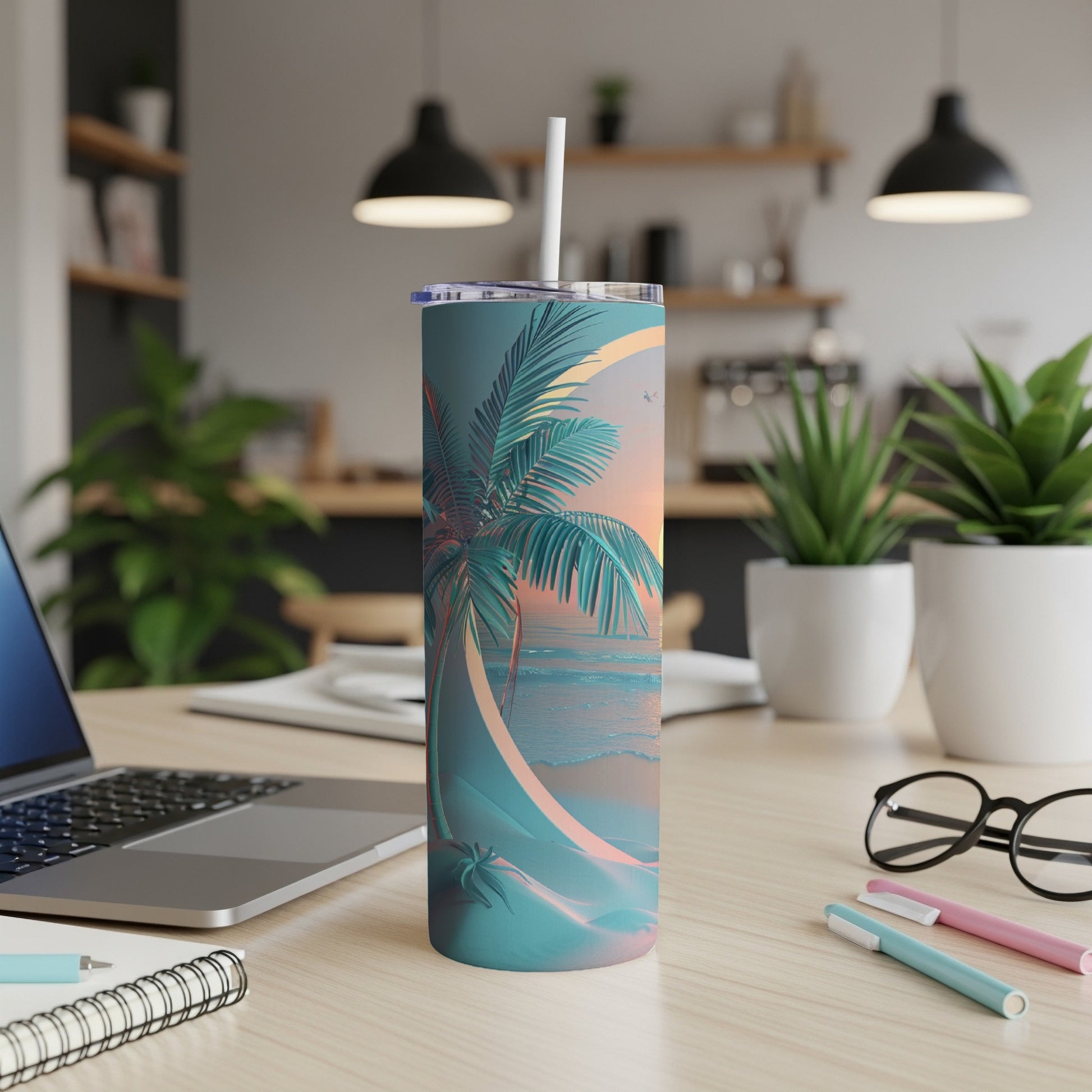 Tropical sunset beach scene on a teal tumbler with straw.