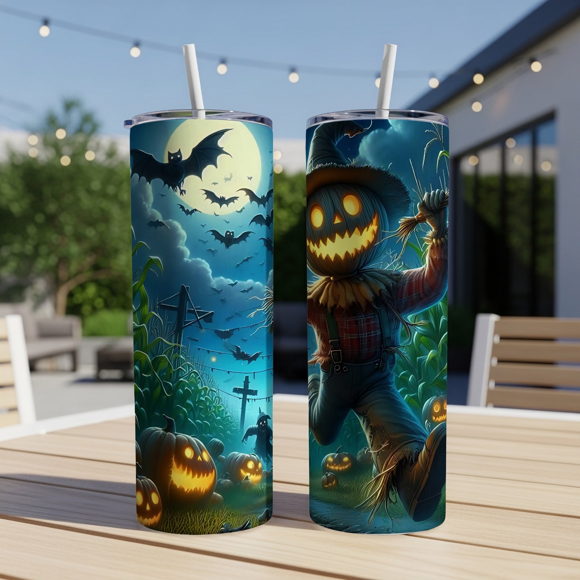 Two tumblers with Halloween designs featuring scarecrows, jack-o'-lanterns, and bats.