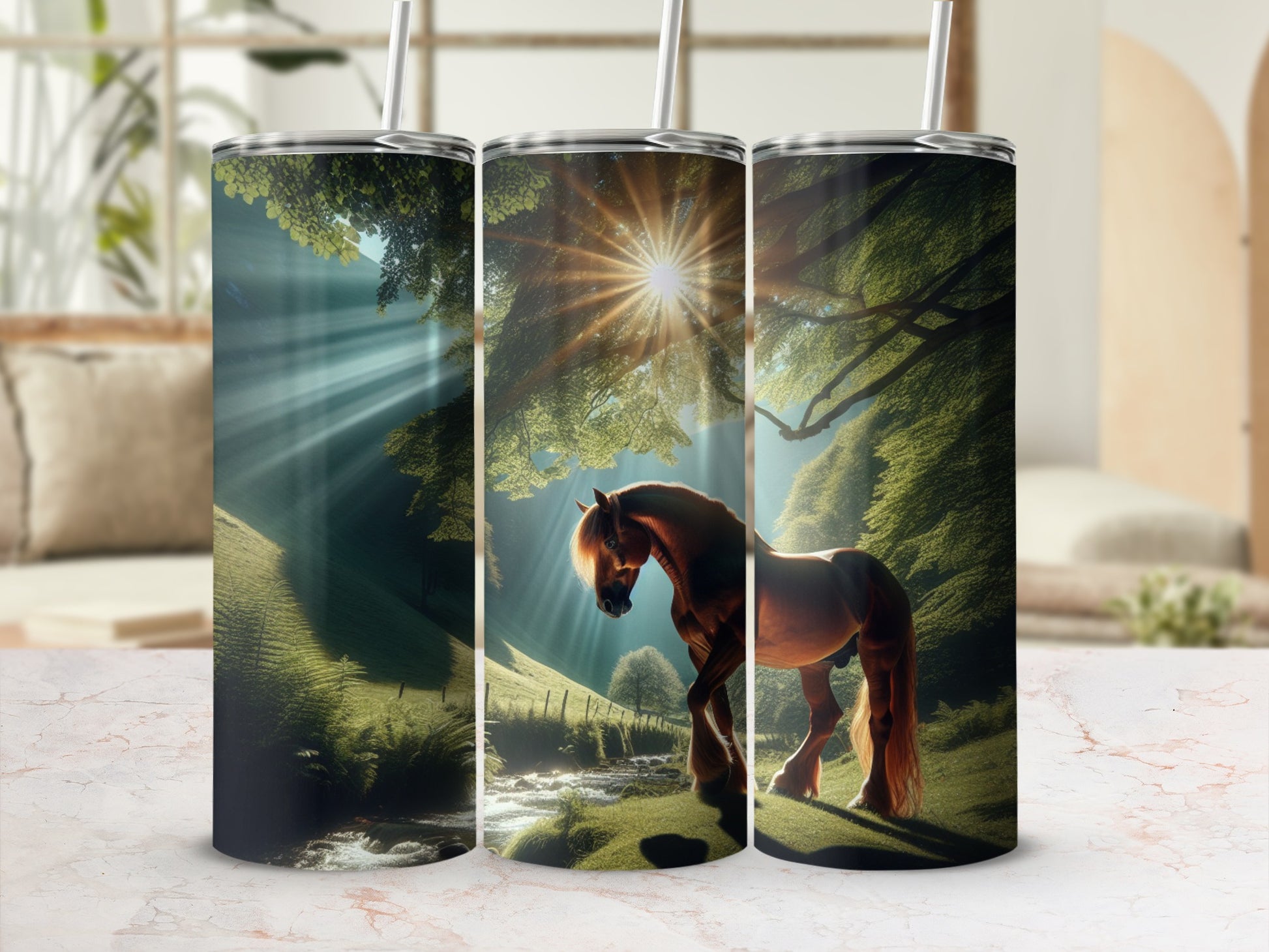 Three tumblers with a horse in a sunlit forest scene.