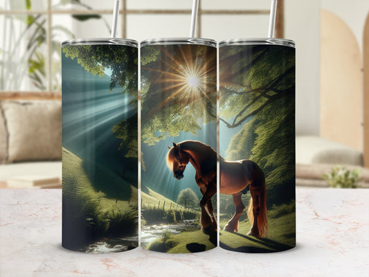 Three tumblers with a horse in a sunlit forest scene.