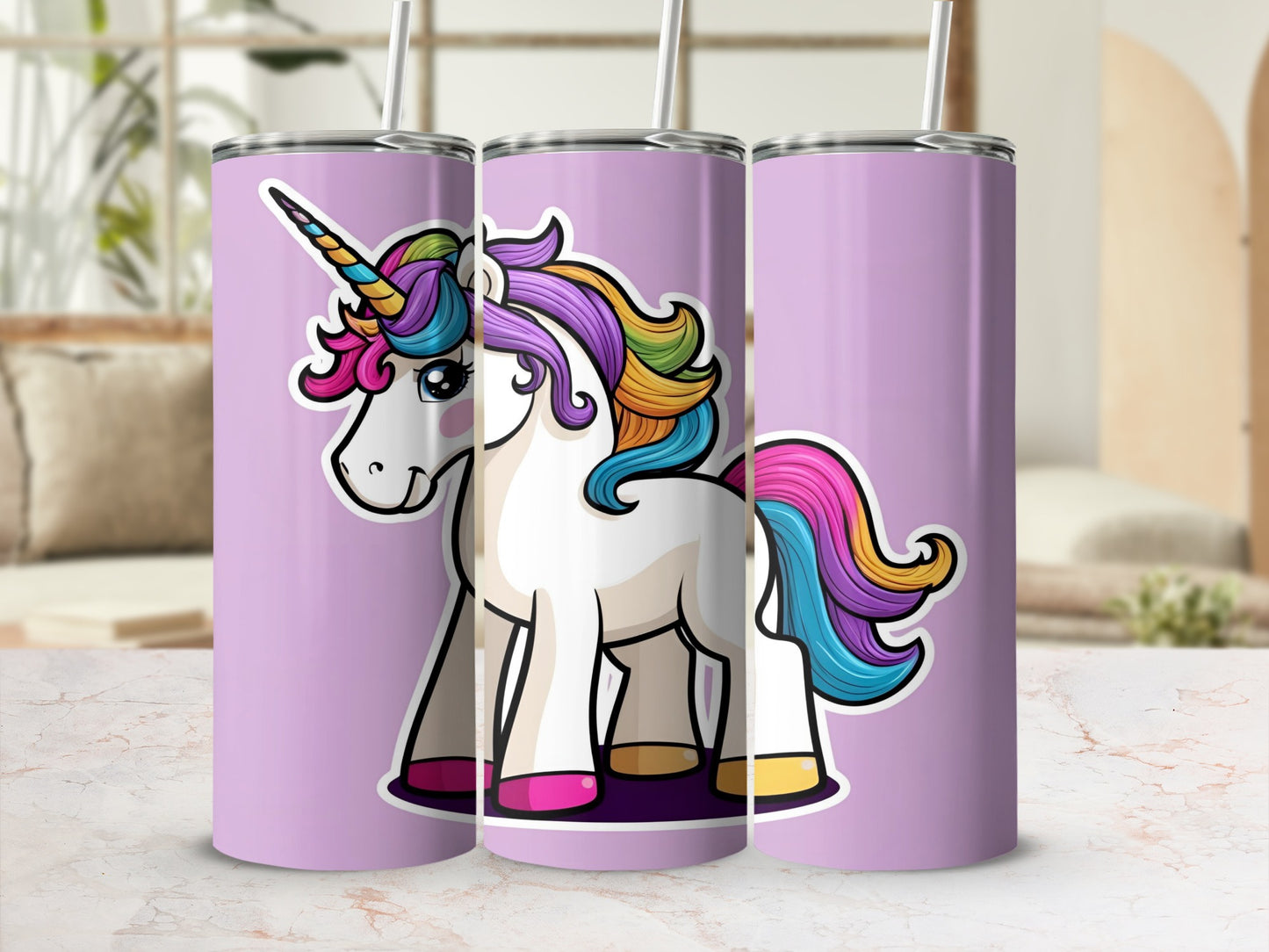 Unicorn illustration on purple tumblers with rainbow mane and tail.