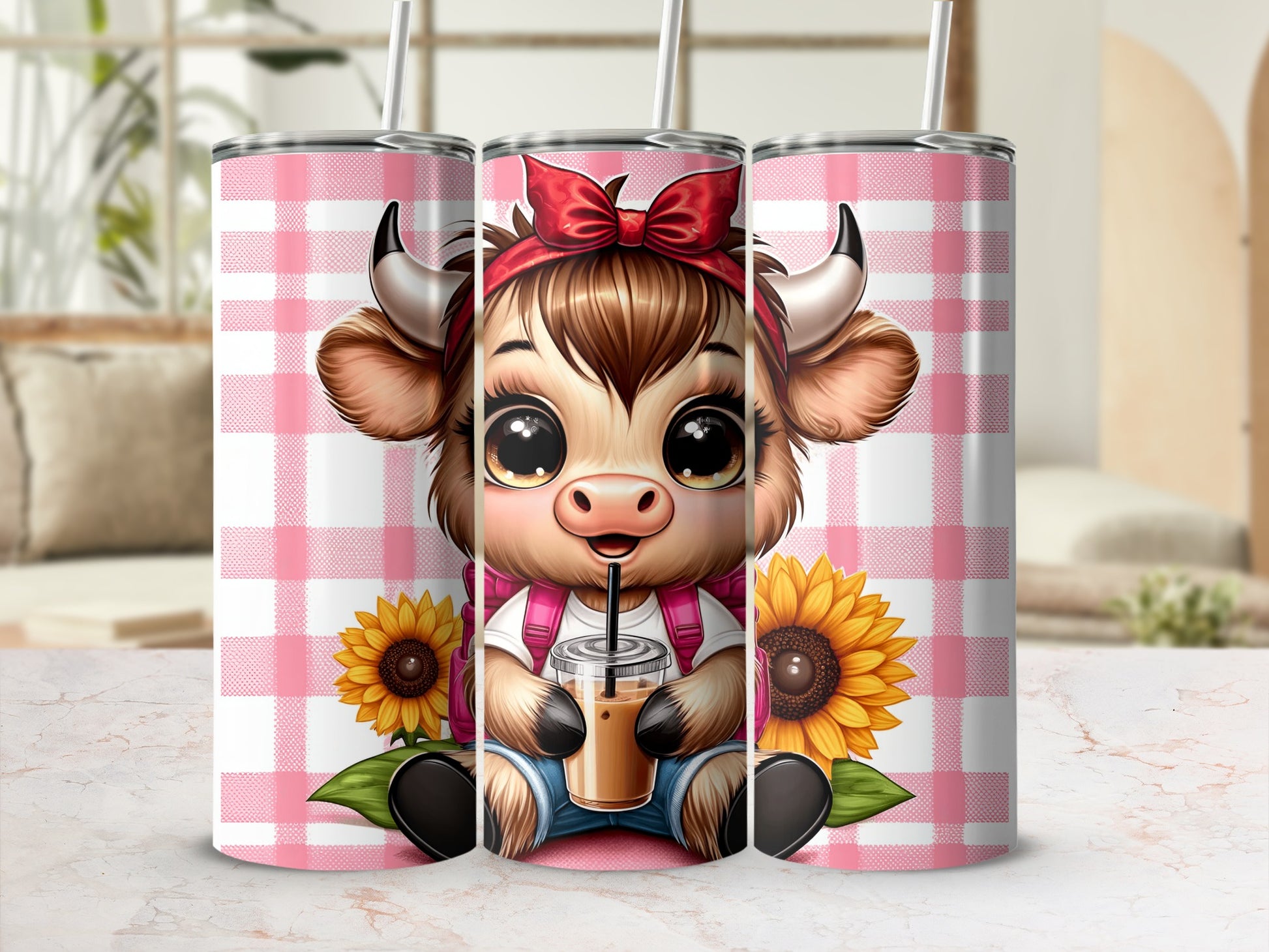 Cartoon cow with sunflowers and bow holding a cup, on pink gingham background.
