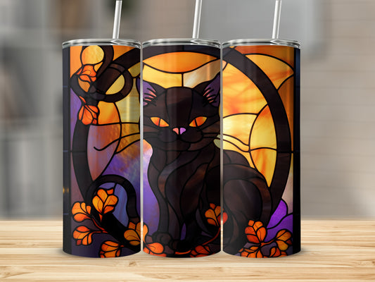 Black cat in stained glass pattern with autumn leaves.