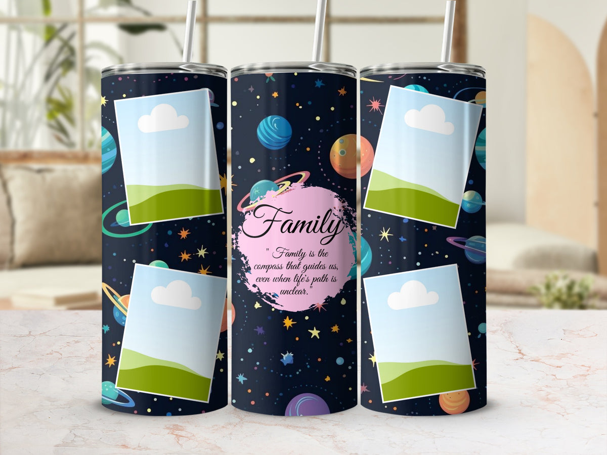 Dark blue tumbler with space theme and the word "Family".