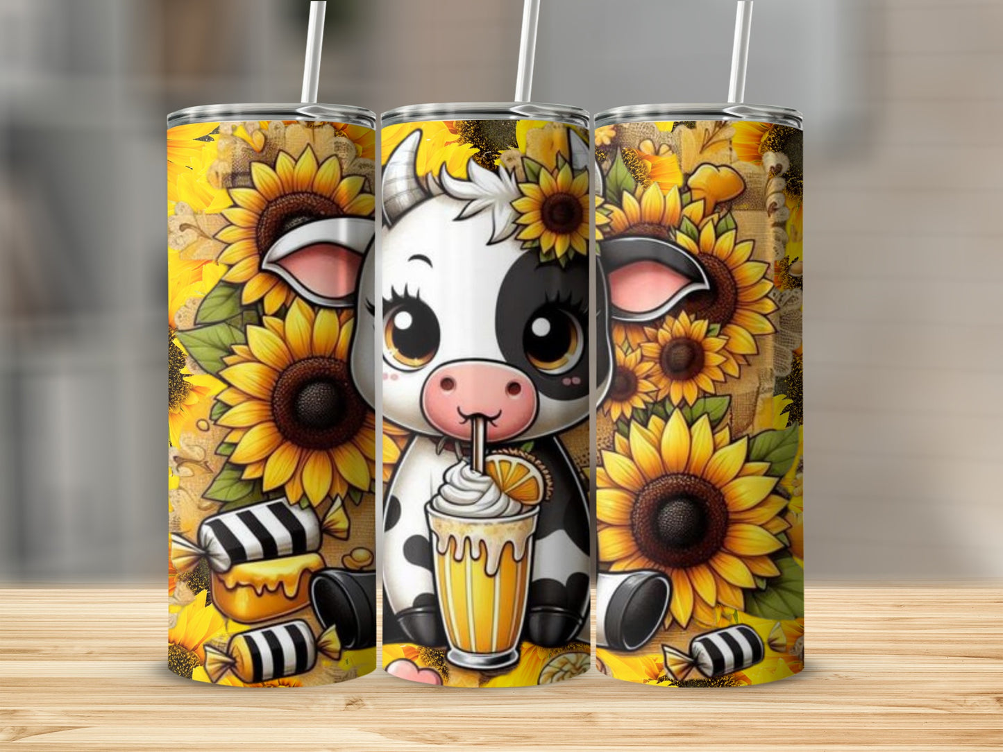 Cute Cow with Sunflowers and Drinks Tumbler