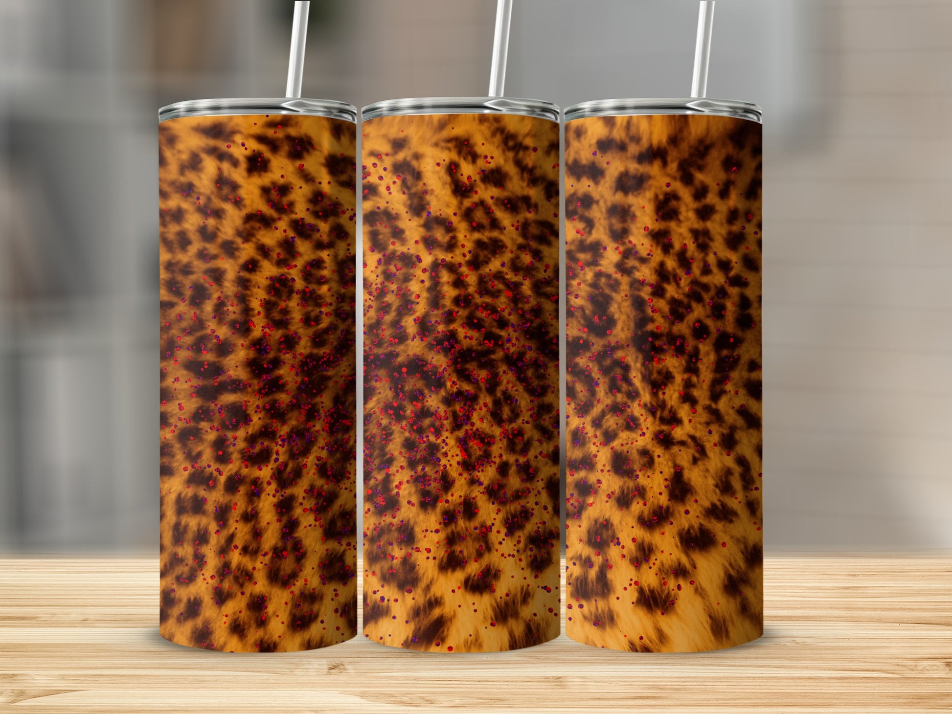 Leopard Print Tumbler with Red Sparkle Accents Design