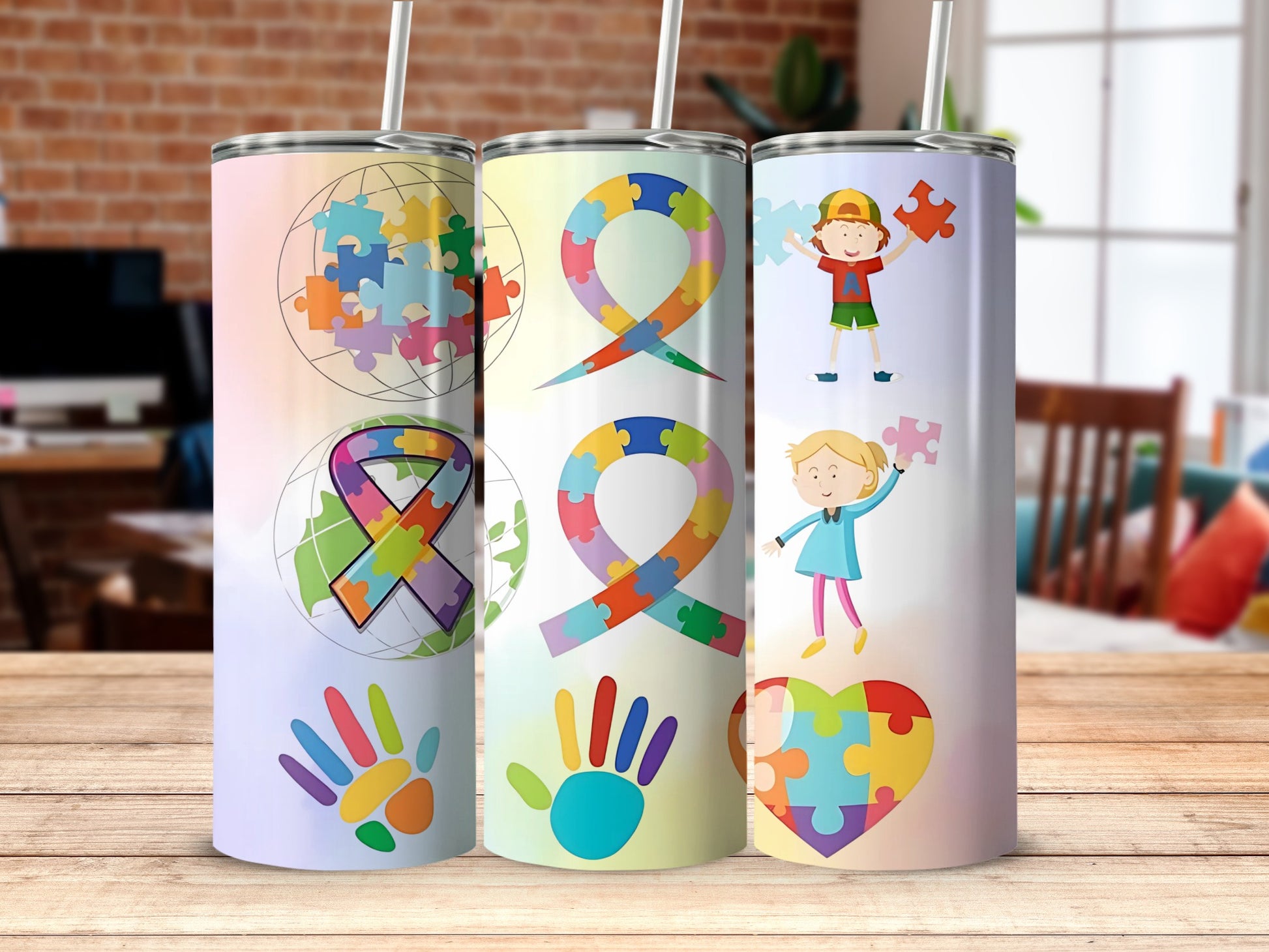 Colorful Puzzle Piece Designs with Kids Tumbler Set