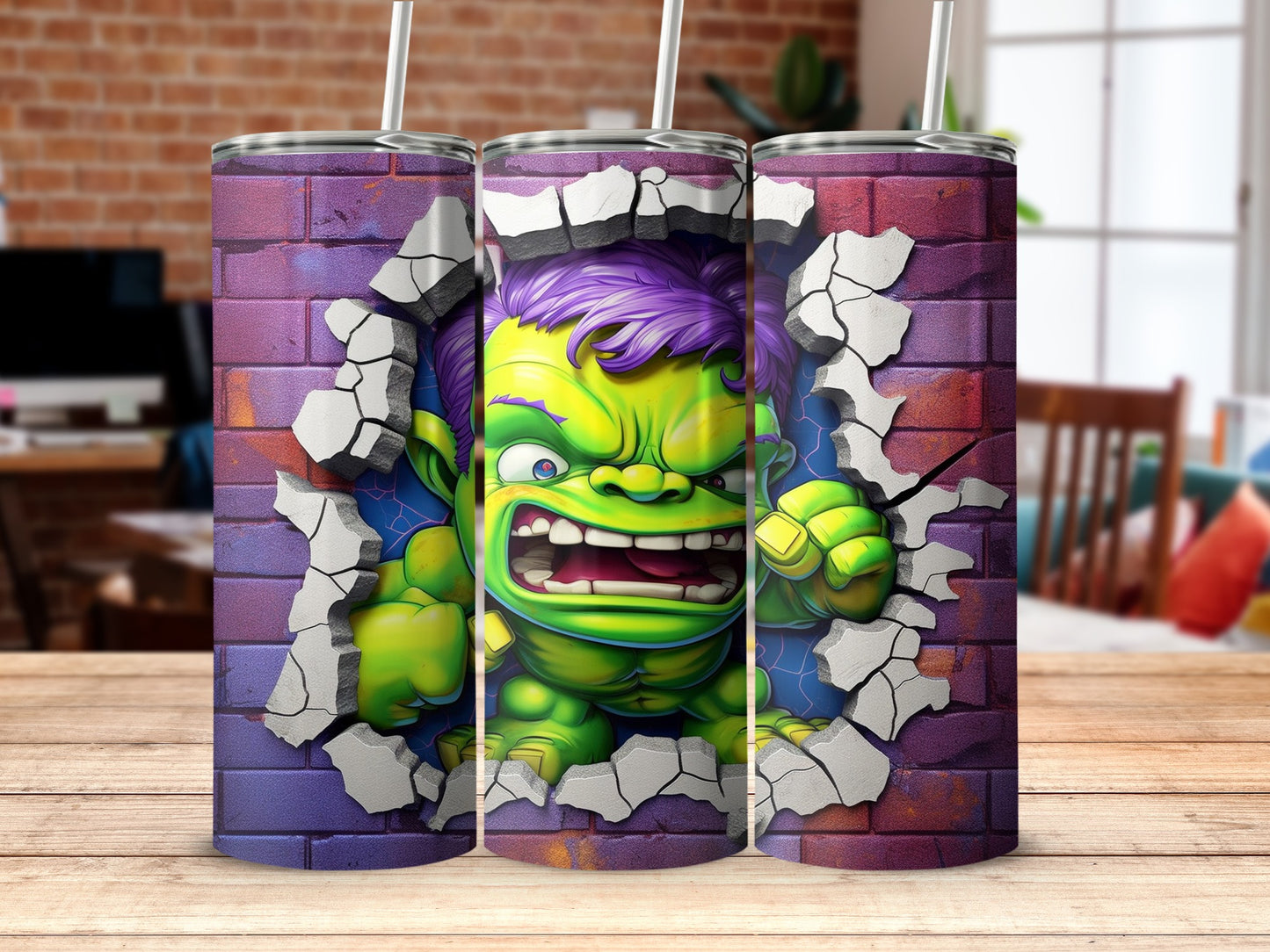 Green Cartoon Character Breaking Through Brick Wall Tumbler