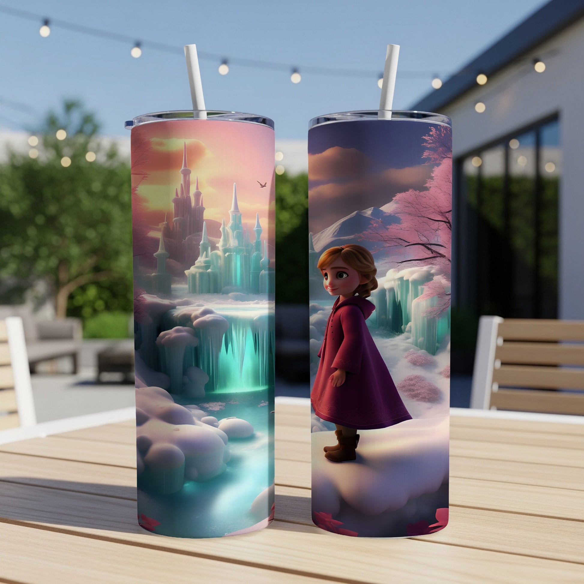 Two tumblers with Anna from Frozen standing before an icy castle.