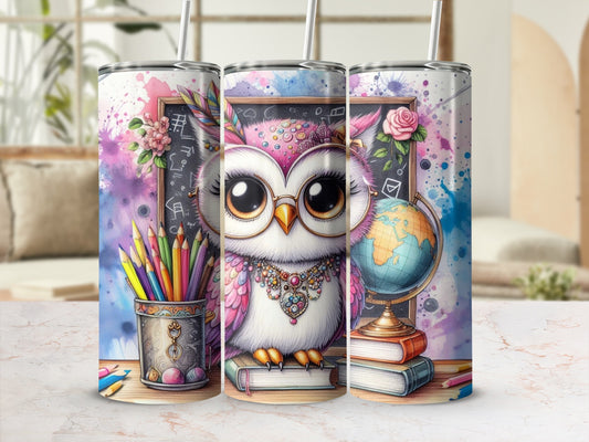 Cute owl wearing glasses, holding pencils, with a globe and books.