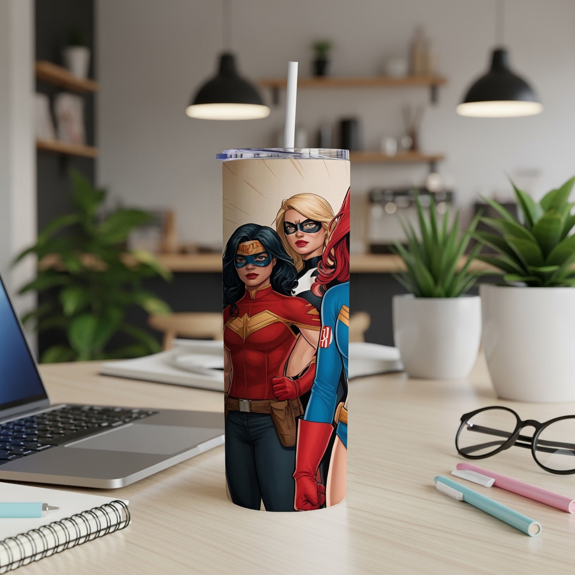Three female superheroes stand together on a tumbler.