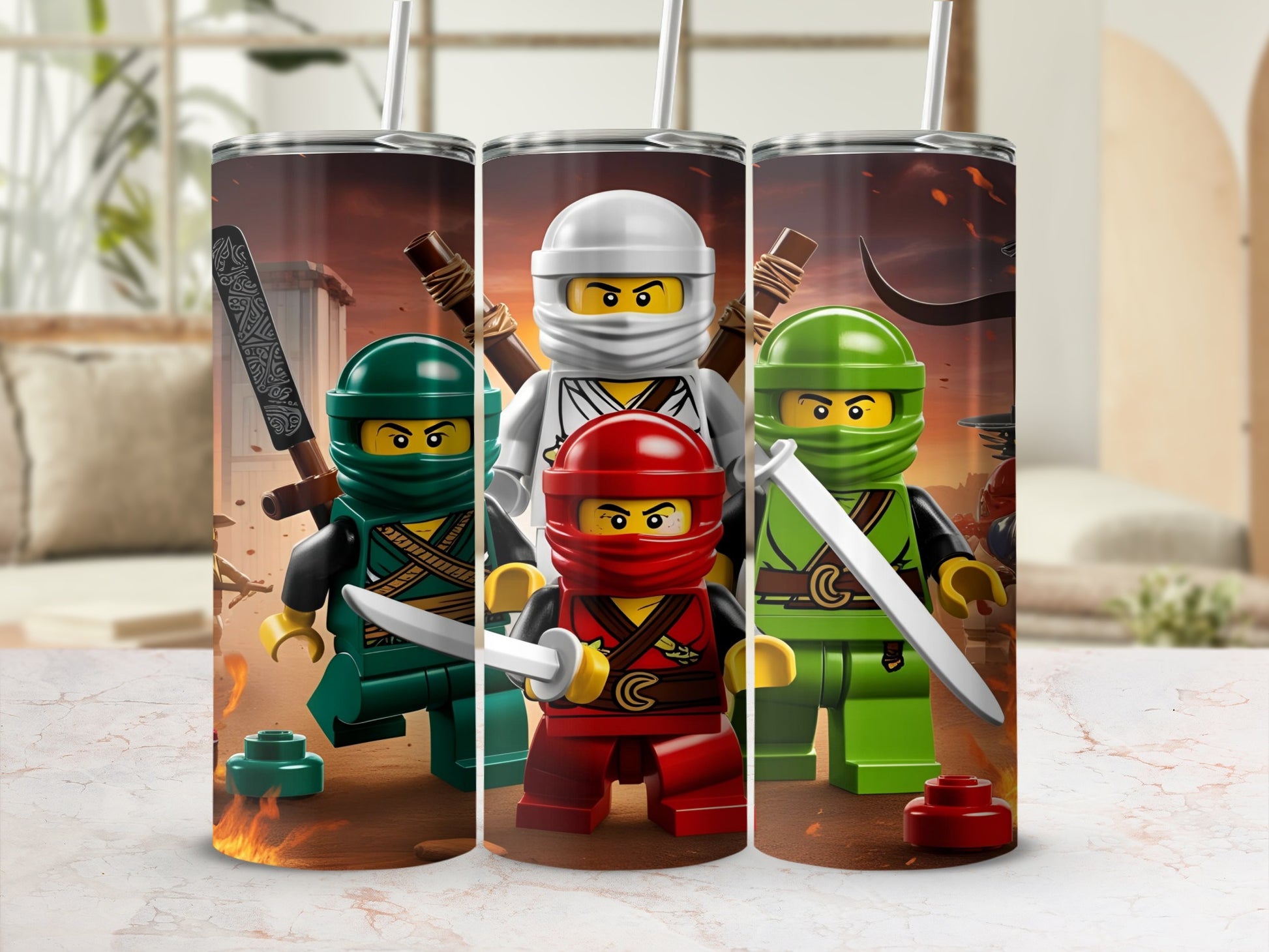 Three LEGO ninjas with swords, green, red, and white.