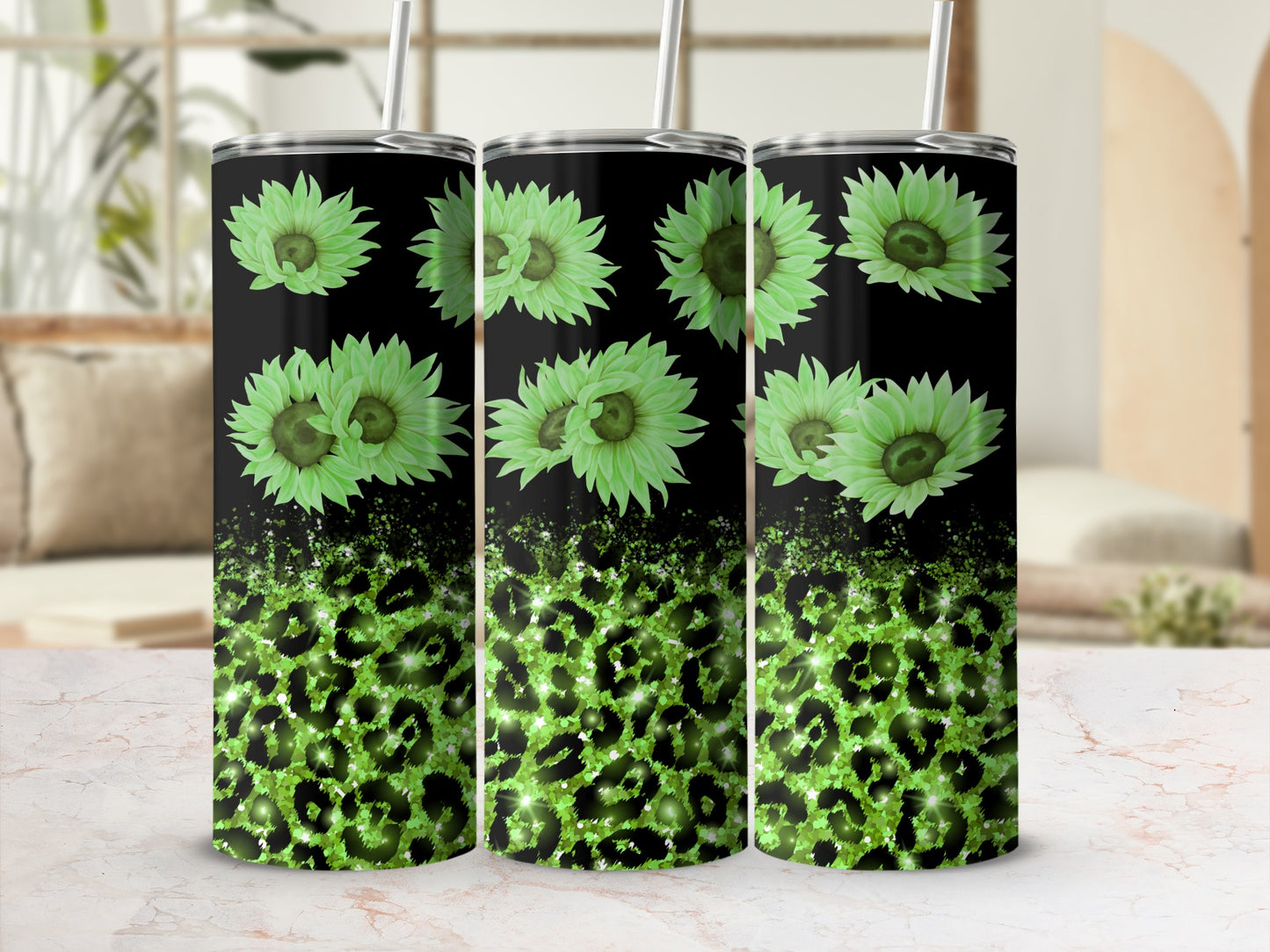 Black tumbler with green sunflowers and glittery green leopard print.