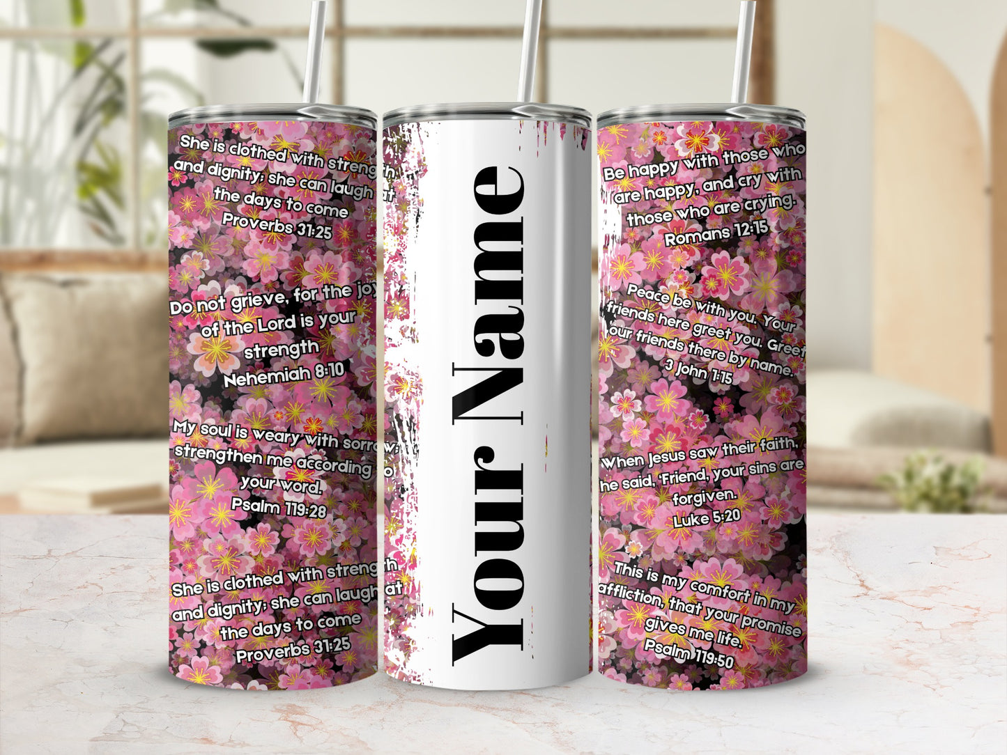 Personalizable Floral Design Tumbler with Bible Verses